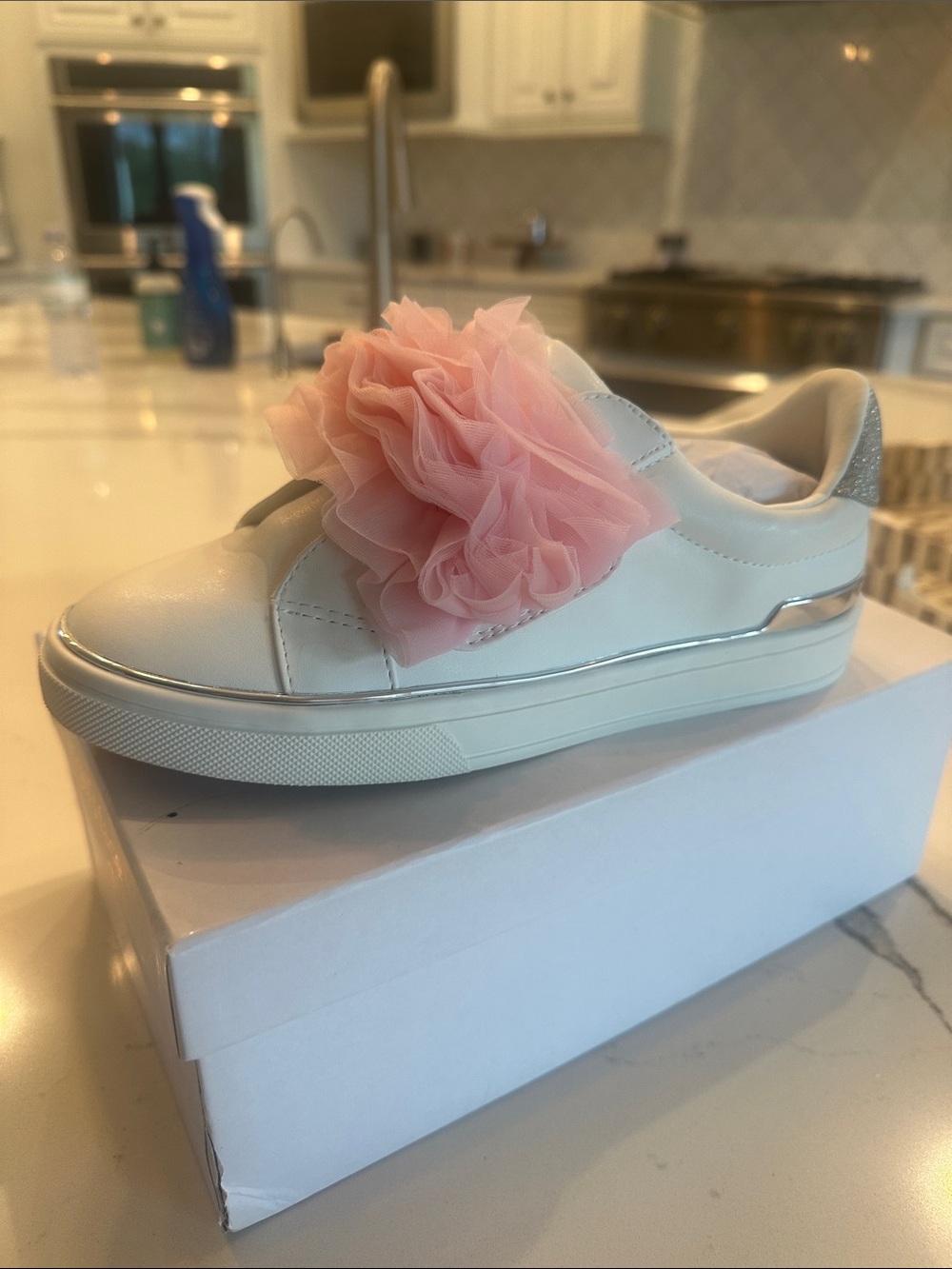 Girls White Slip-On Sneakers with Pink Tulle Flower Accent